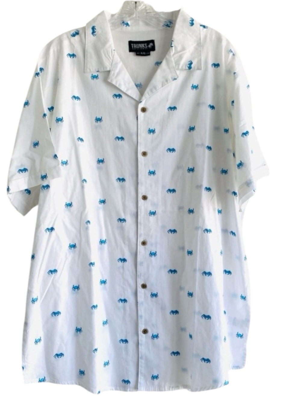 TRUNKS SURF & SWIM CO. SHIRT XL BLUE CRAB PRINT BUTTON FRONT NAUTICAL CAMP WHITE